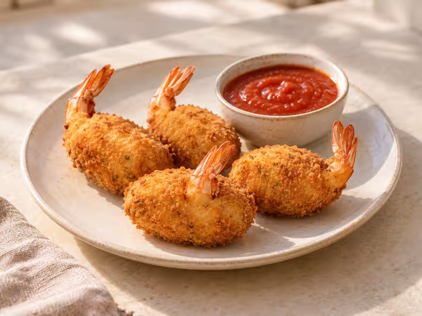 Croquetas de patata con gamba entera y tomate servido