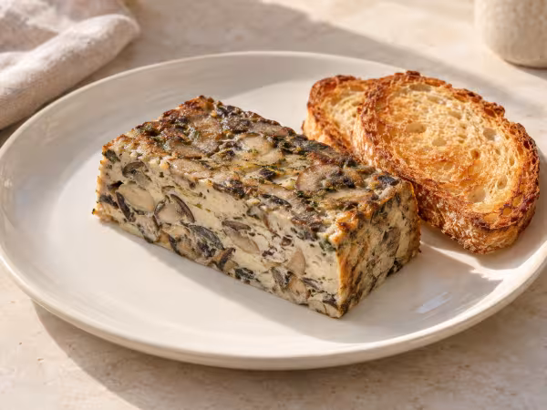 Pastel de setas y chalotas con tostadas servido