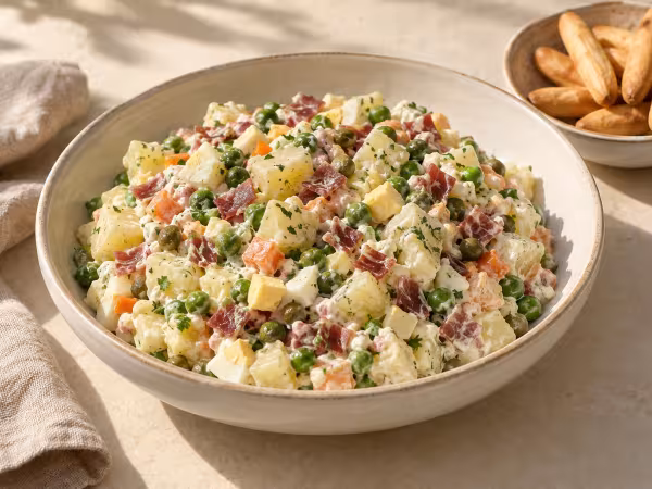 Spring potato salad with peas and cured ham ready to serve