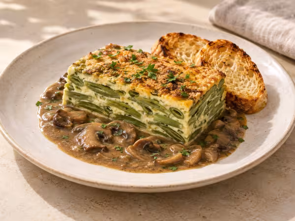 Pastel de judías verdes con salsa de champiñones al Oporto servido