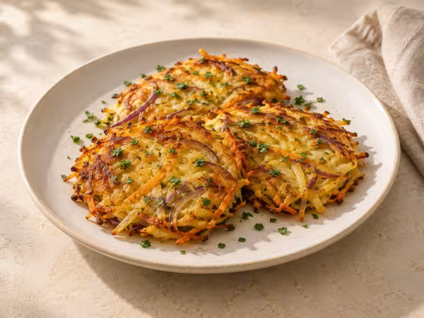 Tortitas de patata, zanahoria y cebolla al curry servido