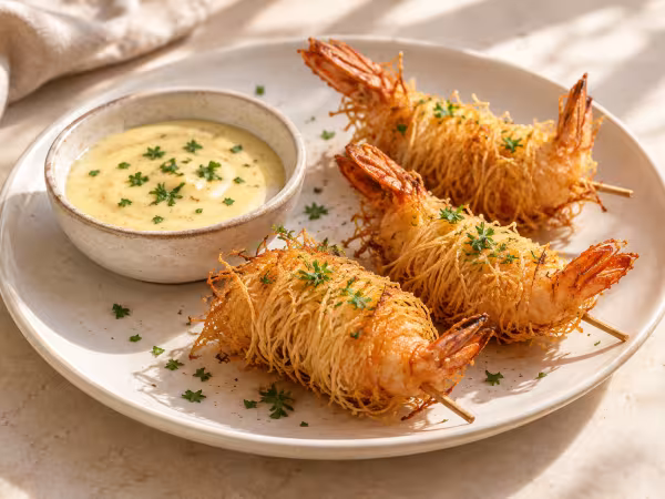 Langostinos crujientes en kataifi con salsa de piña servido