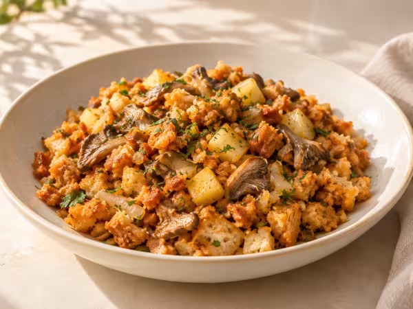 Migas de pan con patata, cebolla y setas servido