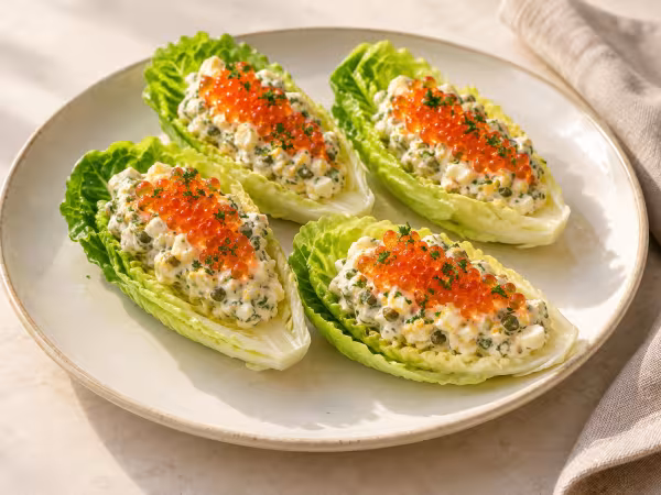 Cogollos con salsa tártara y huevas de trucha servido