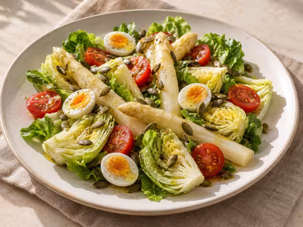 Ensalada de cogollos y espárragos con huevos de codorniz servido