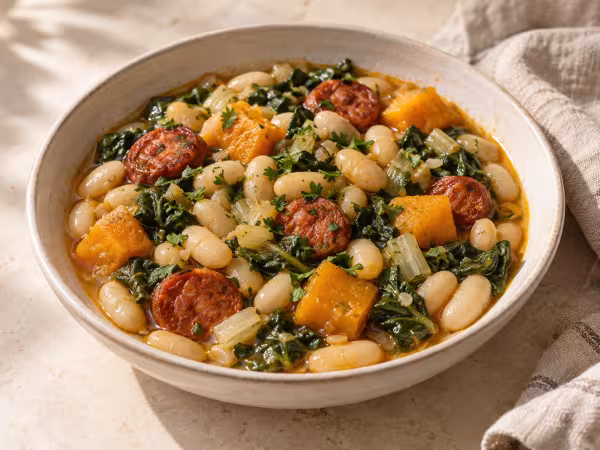 White beans with chorizo, chard and pumpkin ready to serve
