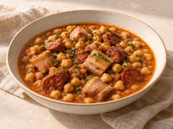 Chickpea stew with pork belly and chorizo ready to serve