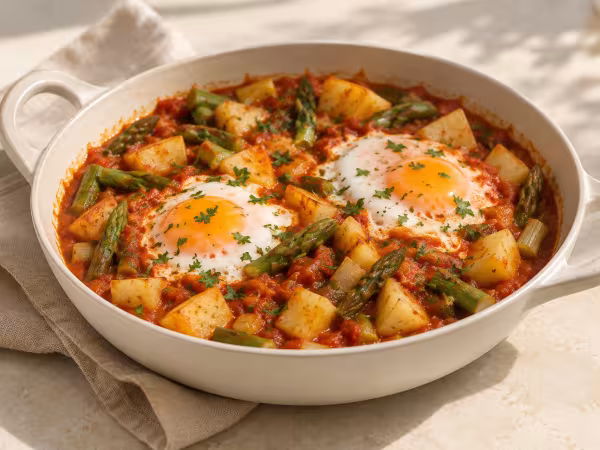 Eggs in tomato sauce with potatoes and spring asparagus ready to serve