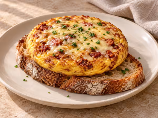 Txistorra omelette toasts with melted Emmental ready to serve