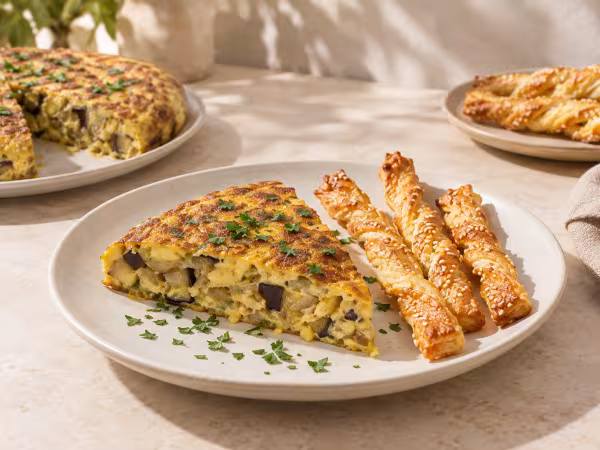 Aubergine omelette with sesame puff pastry twists ready to serve