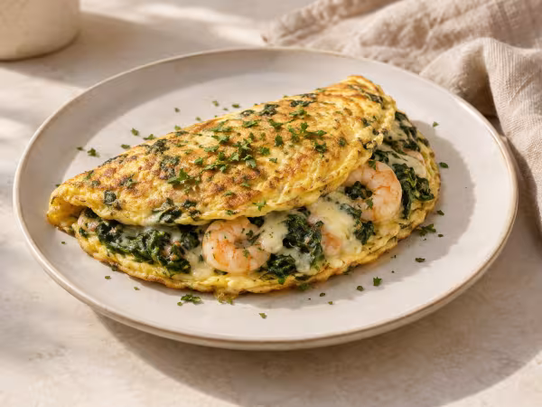 Spinach and prawn omelettes with cheese ready to serve