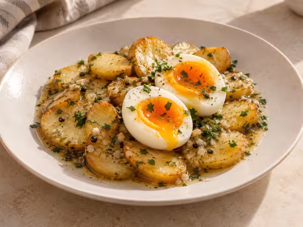 Huevos mollet con patatas escabechadas al tomillo servido