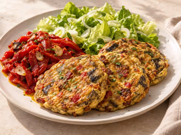 Aubergine txistorra omelettes with peppers and salad ready to serve
