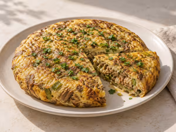 Tortilla de morcillo de ternera con cebolleta servido