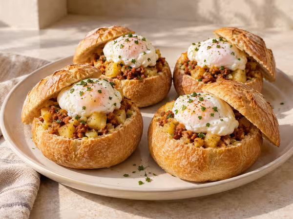 Bollos rellenos de txistorra y patata con huevo escalfado servido