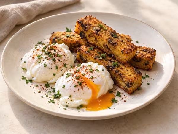 Huevos escalfados con bastones de polenta y setas servido