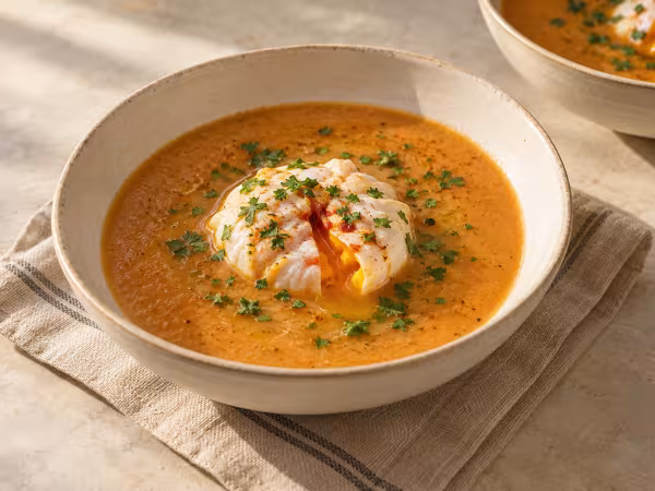 Huevo flor con sobrasada sobre crema de sopa de ajo servido