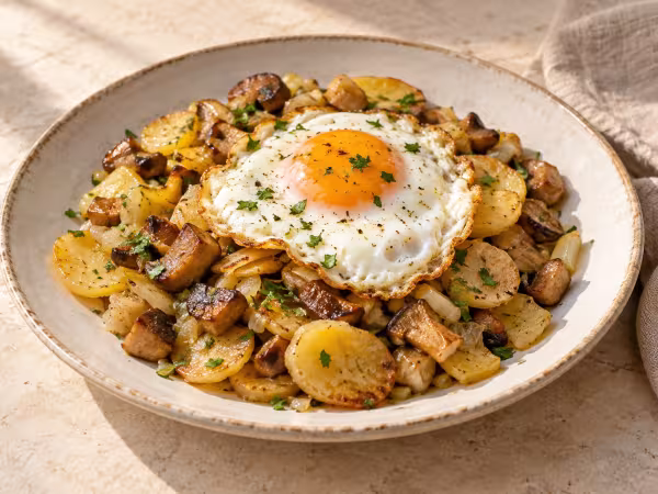 Huevos fritos con patatas y boletus servido