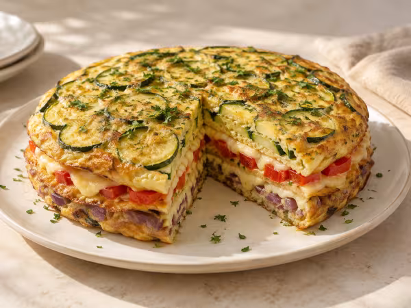 Three-layer vegetable and Havarti omelette ready to serve
