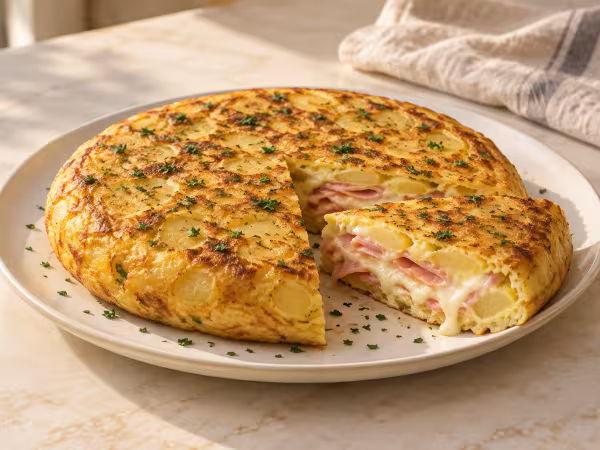 Tortilla de patata rellena de jamón y mozzarella servido