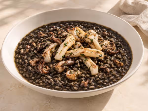 Arroz negro caldoso con tiras de calamar servido