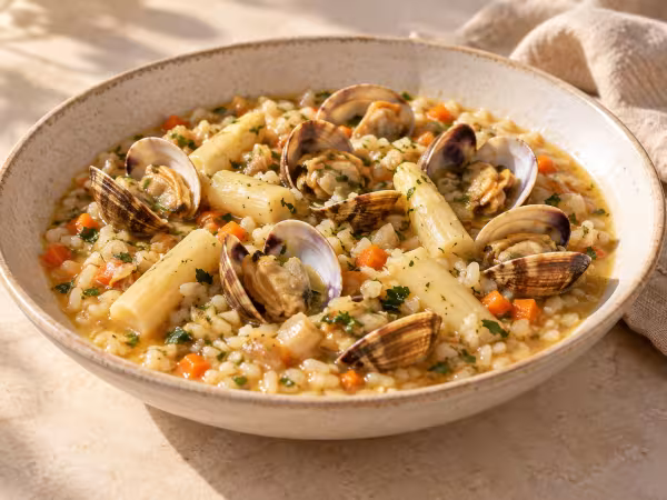 Arroz caldoso con almejas y espárragos blancos servido