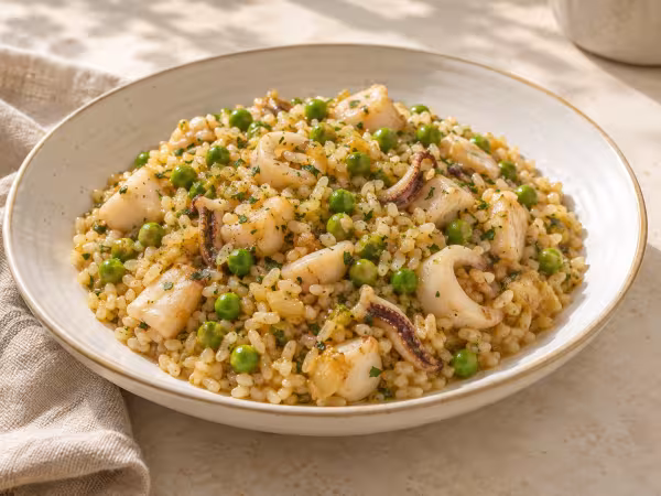Arroz con sepia y guisantes servido