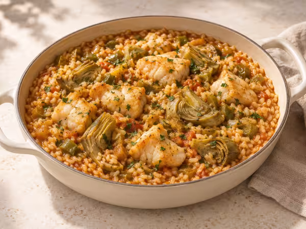 Arroz con rape y alcachofas servido