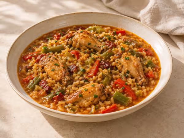 Country-style brothy rice with chicken wings and vegetables ready to serve