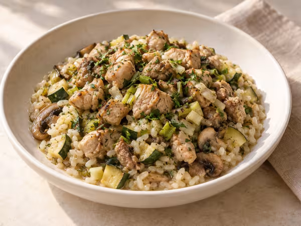 Arroz con mollejas de cordero, calabacín y champiñones servido