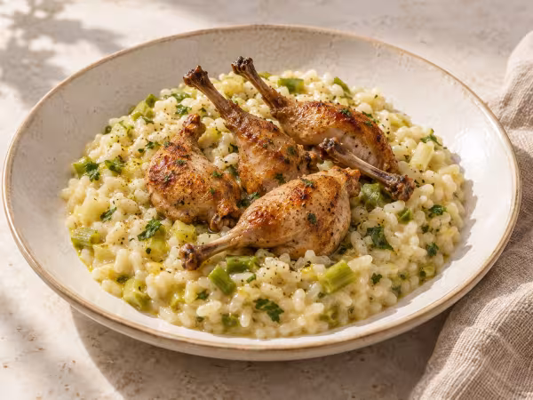 Risotto de codorniz y ajos tiernos servido