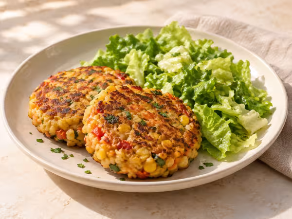 Hamburguesas de arroz, maíz y garbanzos con ensalada servido