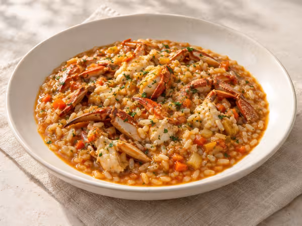 Arroz meloso con nécoras y verduras servido
