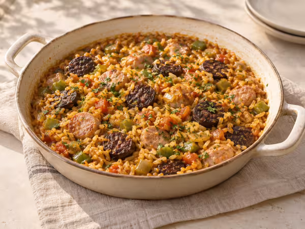 Rice with white and black butifarra sausages and vegetables ready to serve