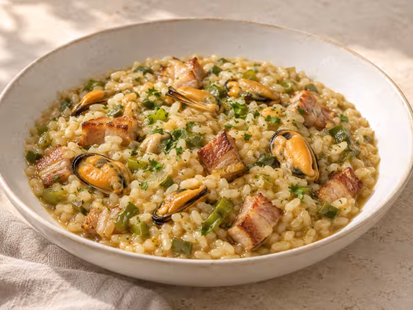 Creamy rice with mussels and pork belly ready to serve