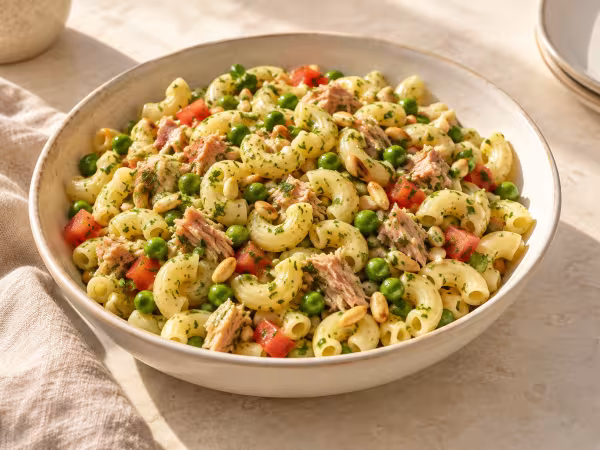 Elbow pasta with peas tuna and basil dressing ready to serve