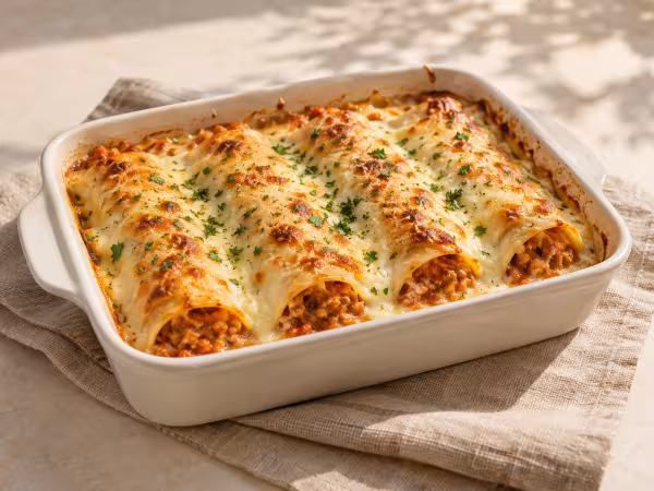 Canelones de pollo y tomate gratinados servido