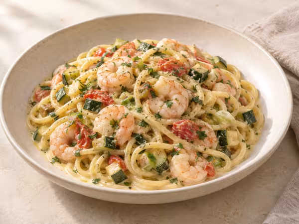 Spaghetti with courgette spring garlic and prawns ready to serve
