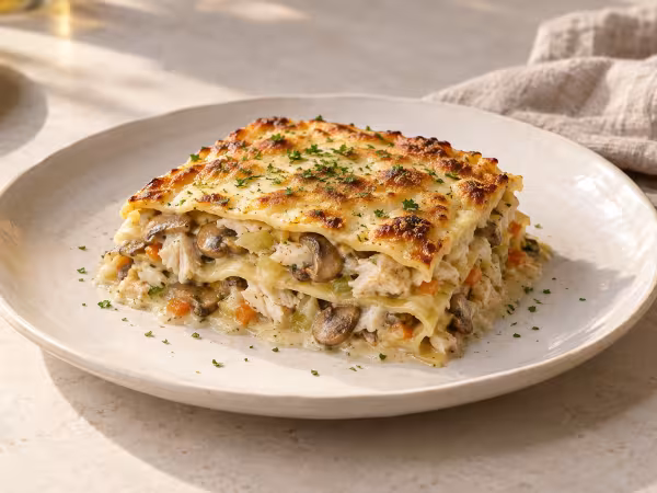 Gurnard mushroom lasagne with fish velouté ready to serve
