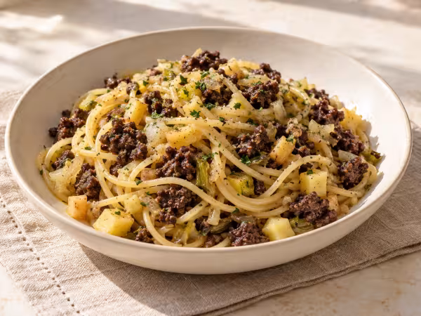 Spaghetti with onion blood sausage and apple ready to serve