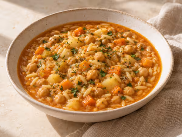 Pasta e ceci with chickpeas and vegetables ready to serve
