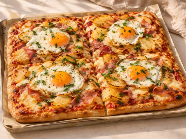 Ham and potato pizza with fried eggs ready to serve
