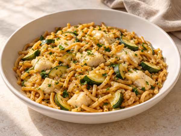 Toasted noodles with courgette and cod ready to serve