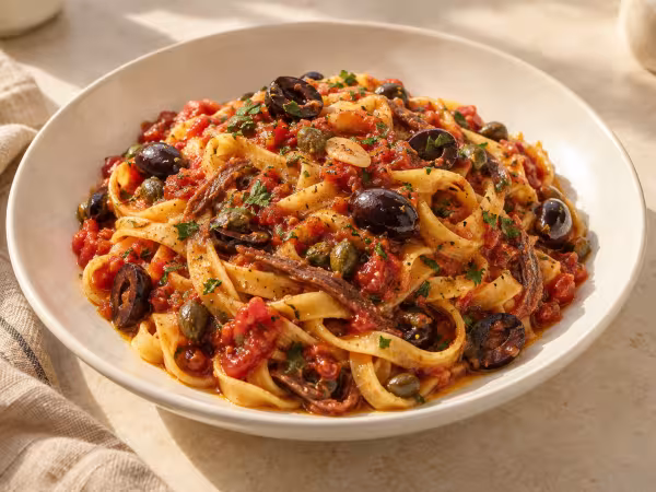 Fettuccine alla puttanesca con anchoas y aceitunas servido