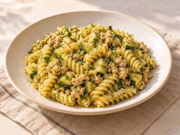 Espirales de pasta con pollo y pesto de albahaca servido