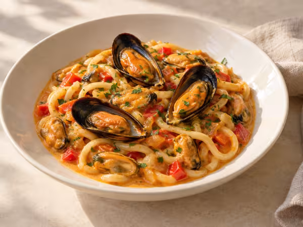 Udon with mussels red curry and coconut ready to serve