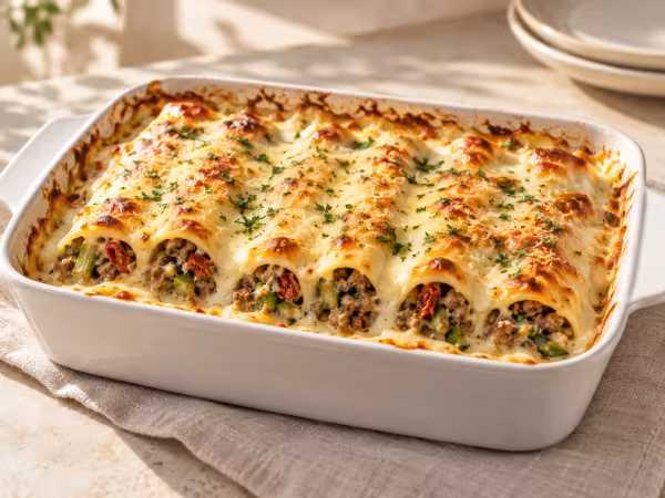 Canelones de ternera con espárragos y tomates secos servido