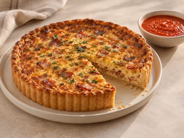 Quiche Lorraine de panceta ahumada con salsa de tomate servido