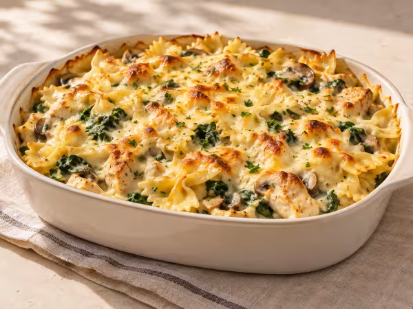 Farfalle gratinados con pollo, espinacas y champiñones servido