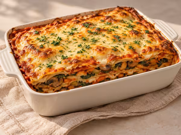 Vegetable lasagne with oat béchamel ready to serve